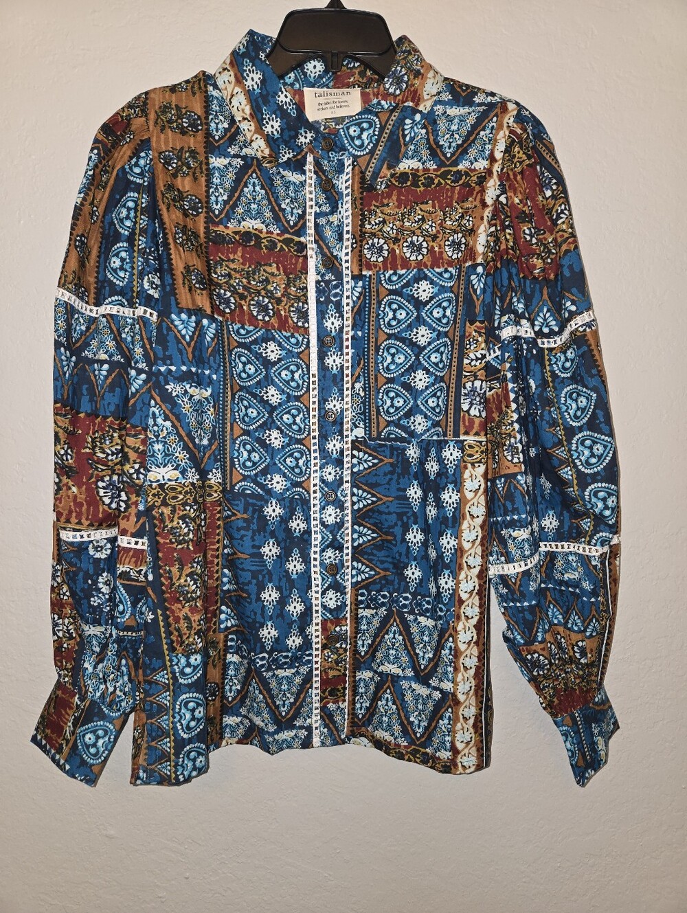Talisman Castella Patchwork Print Cotton Button-Up Shirt, Size XS - Picture 2 of 4